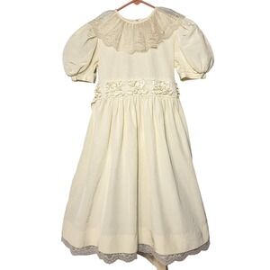 VTG Sylvia Whyte Girls Cream Lace Puff Sleeve Taffeta Dress Size 12 Flower Girl